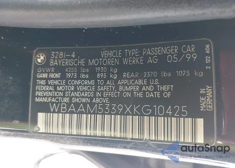 1999 BMW 328I из США, поврежденный, VIN WBAAM5339XKG10425